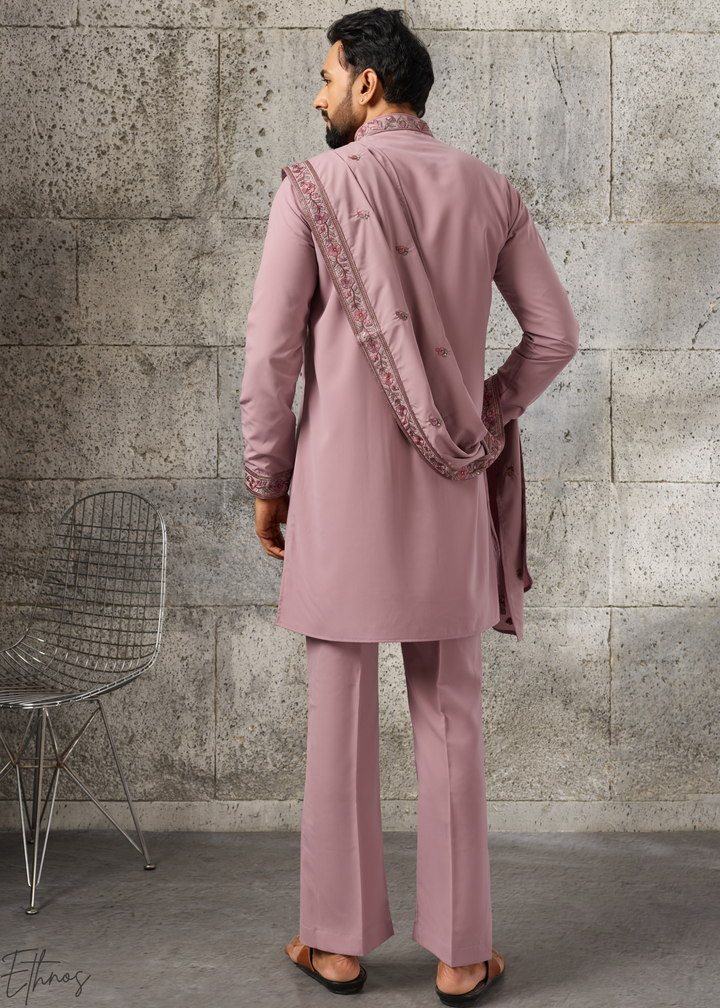 Orchid Mauve Motif-Embroidered Silk Kurta Traditional Scarf Set