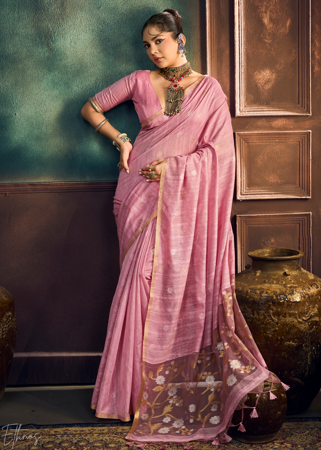 Orchid Petal  Artisan Floral Weave Munga Cotton Saree