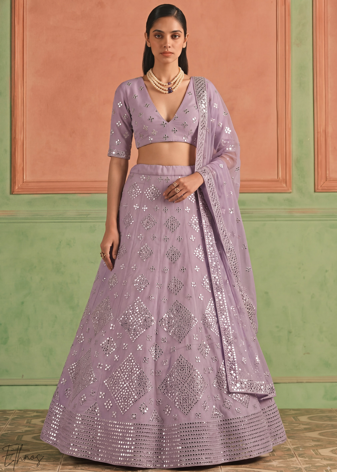 Orchid Petal Diamond Mirror Embellished Organza Lehenga Choli