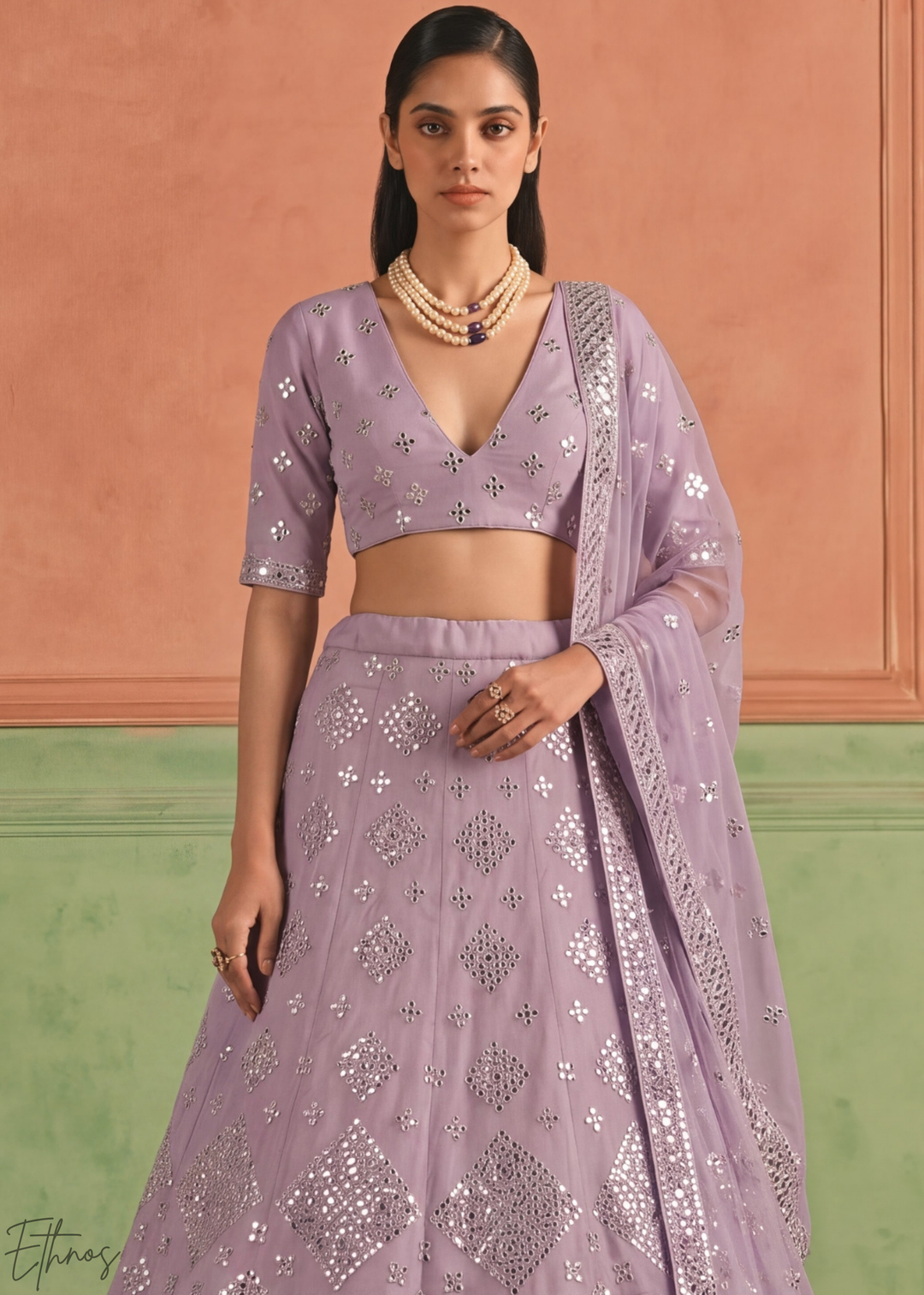 Orchid Petal Diamond Mirror Embellished Organza Lehenga Choli