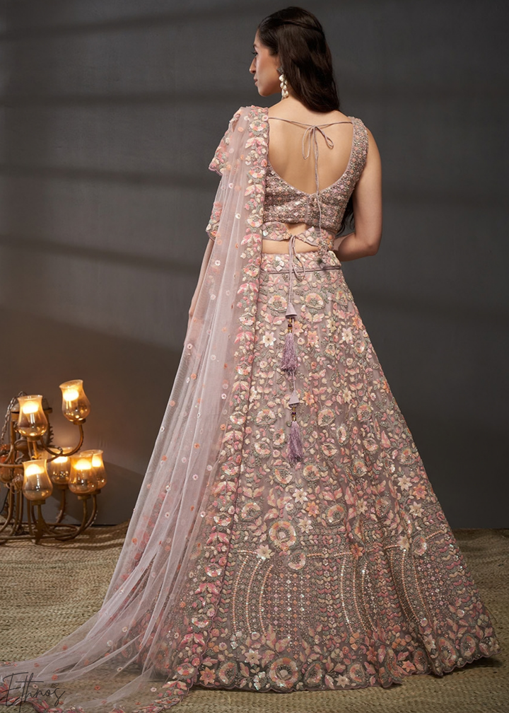 Orchid Petal Gilded Bouquet Net Lehenga