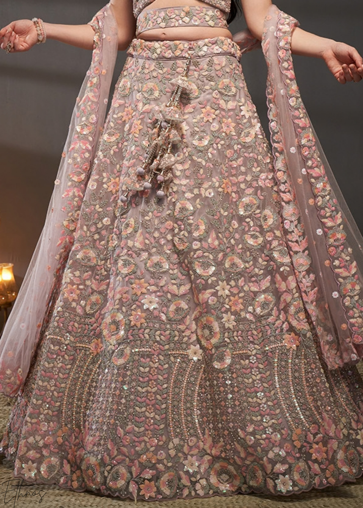 Orchid Petal Gilded Bouquet Net Lehenga