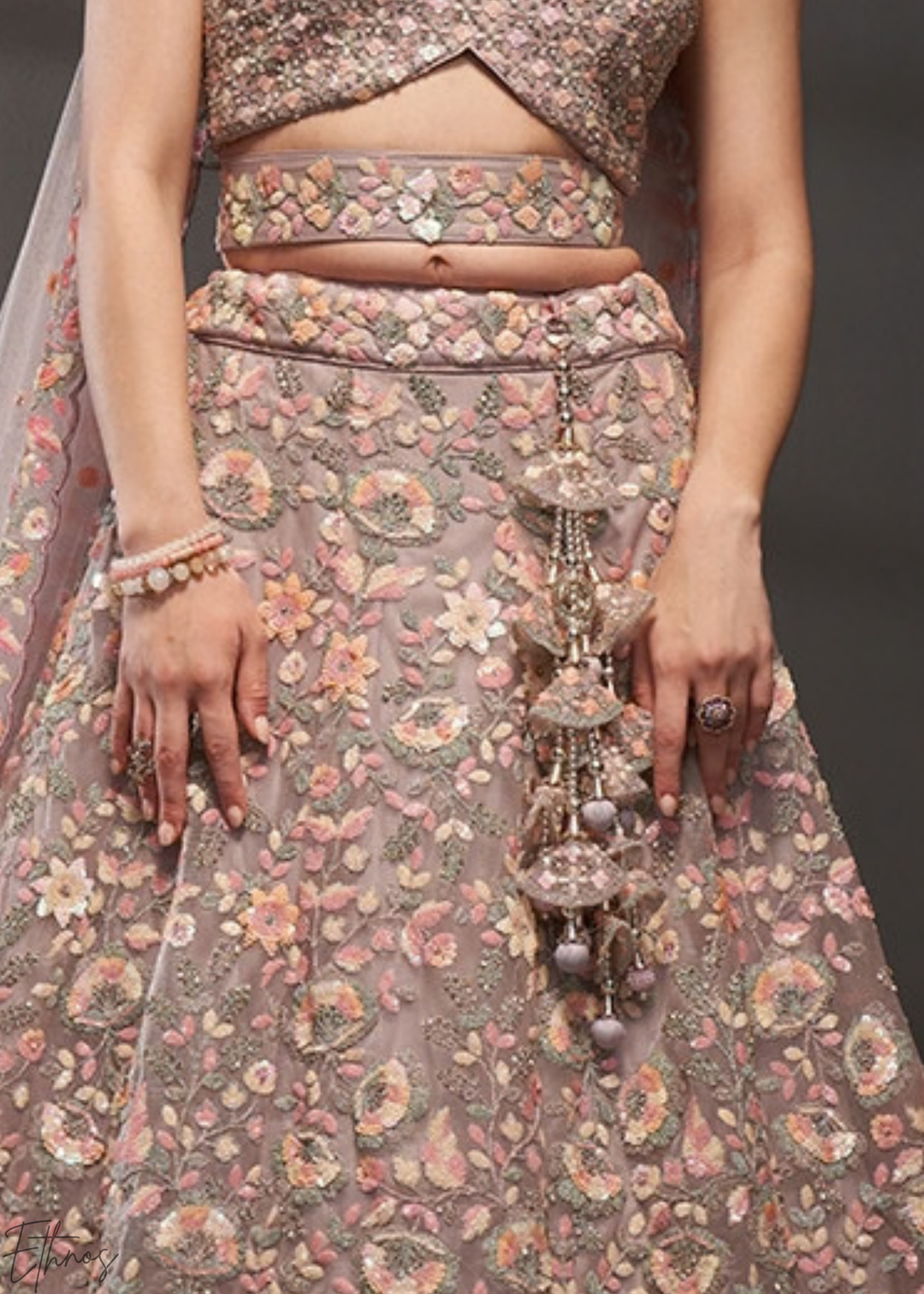 Orchid Petal Gilded Bouquet Net Lehenga