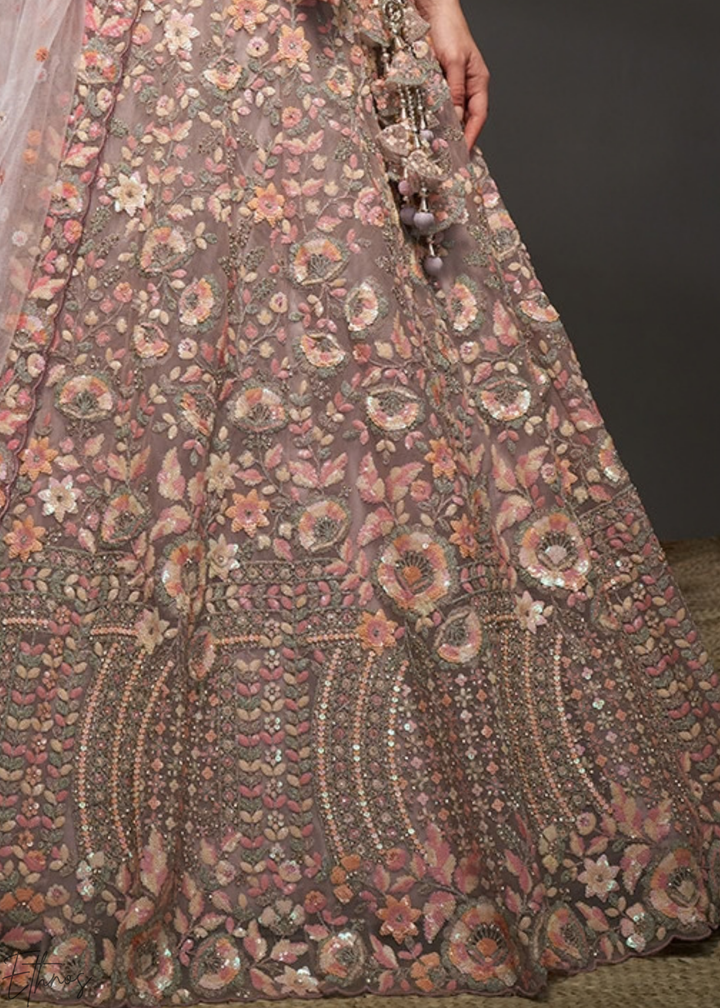 Orchid Petal Gilded Bouquet Net Lehenga