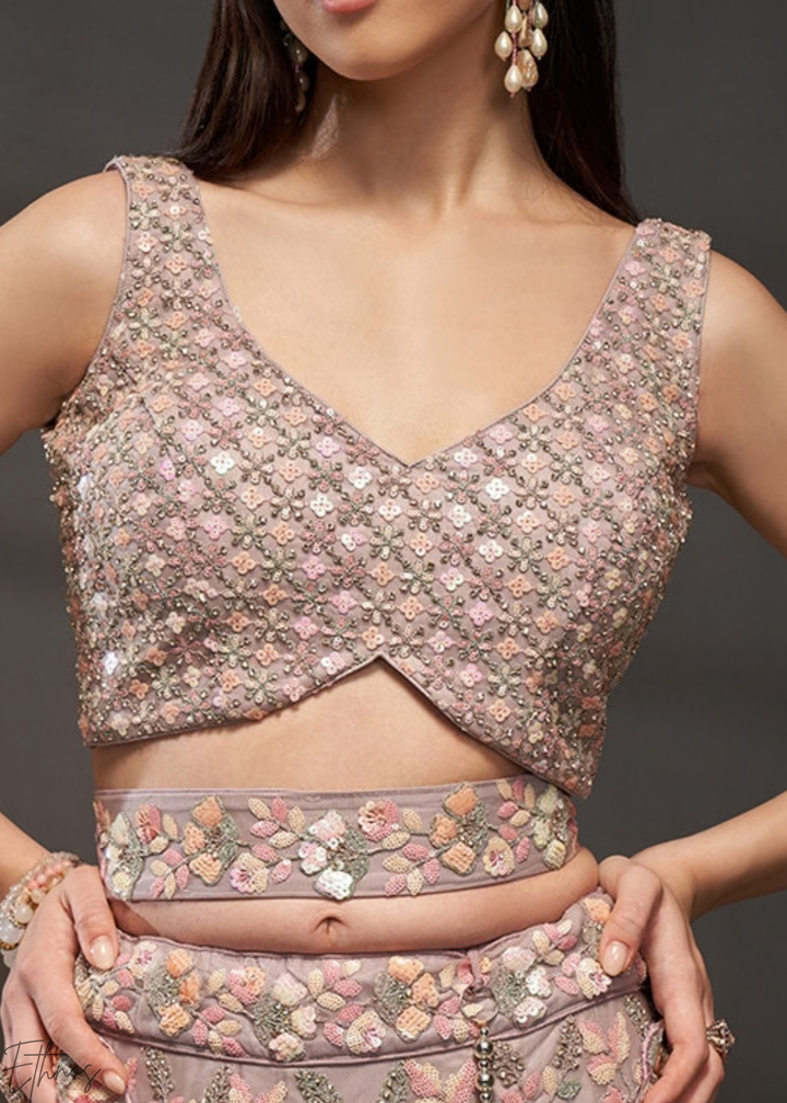 Orchid Petal Gilded Bouquet Net Lehenga