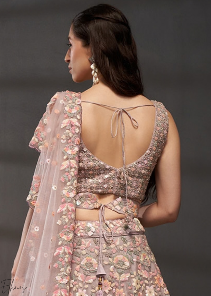 Orchid Petal Gilded Bouquet Net Lehenga