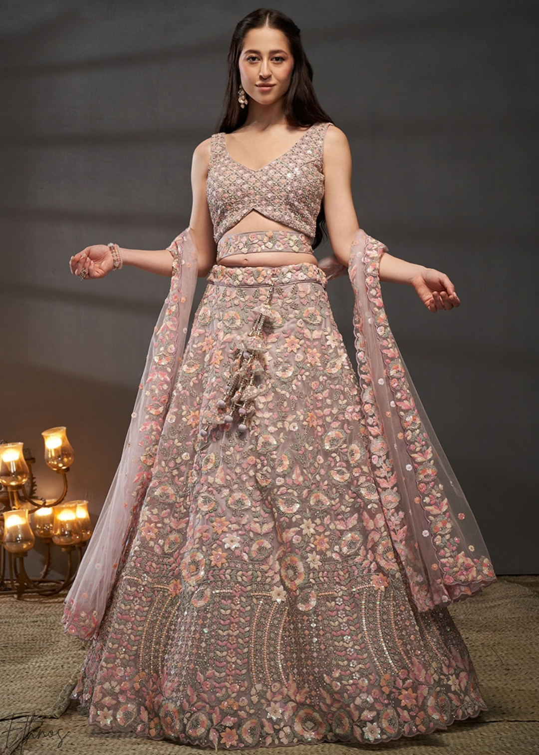 Orchid Petal Gilded Bouquet Net Lehenga