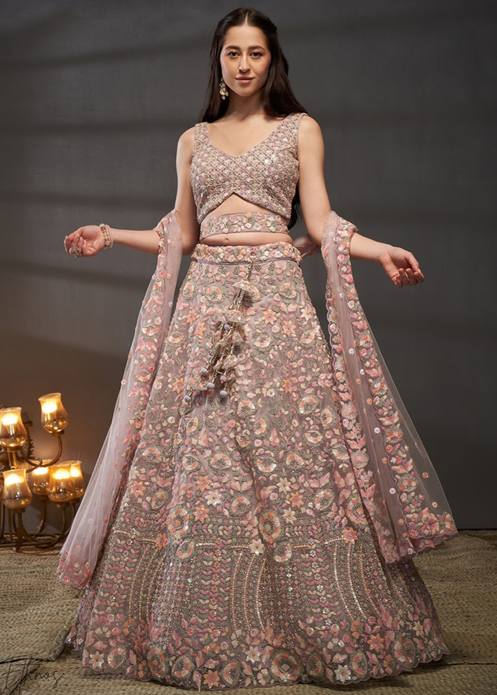 Orchid Petal Gilded Bouquet Net Lehenga
