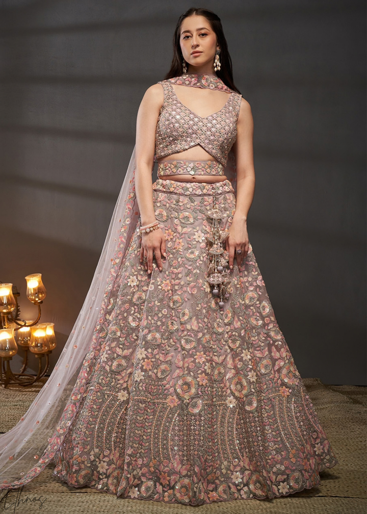 Orchid Petal Gilded Bouquet Net Lehenga