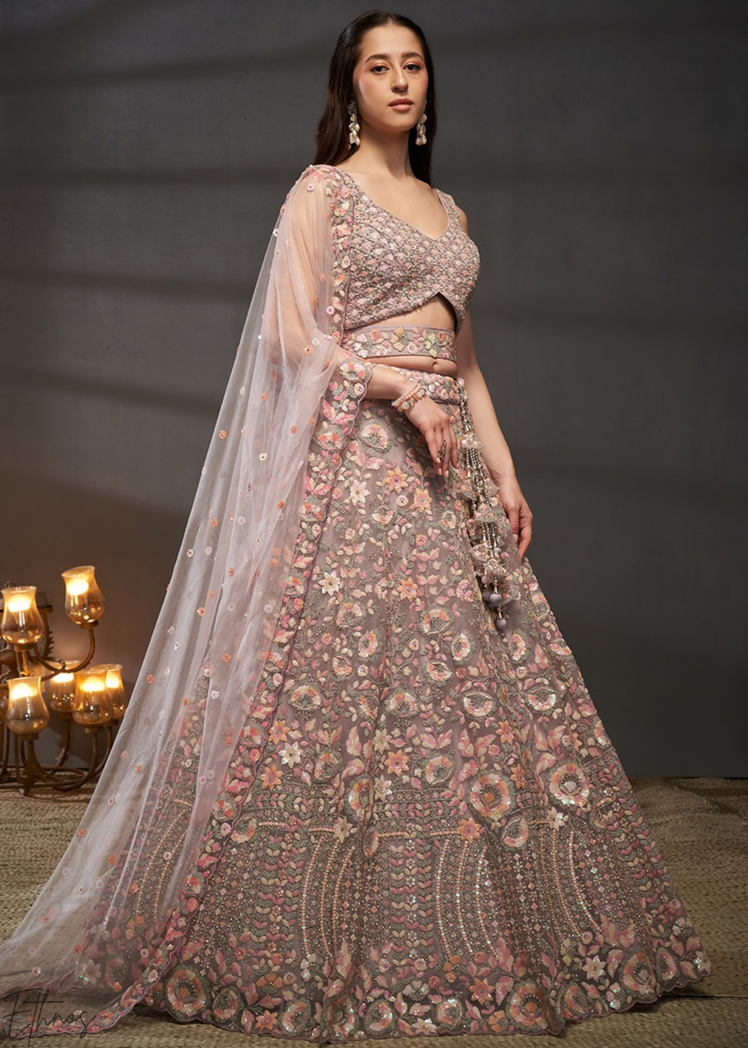Orchid Petal Gilded Bouquet Net Lehenga