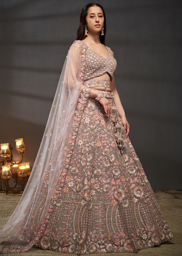 Orchid Petal Gilded Bouquet Net Lehenga