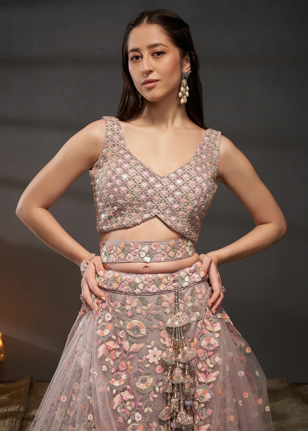 Orchid Petal Gilded Bouquet Net Lehenga