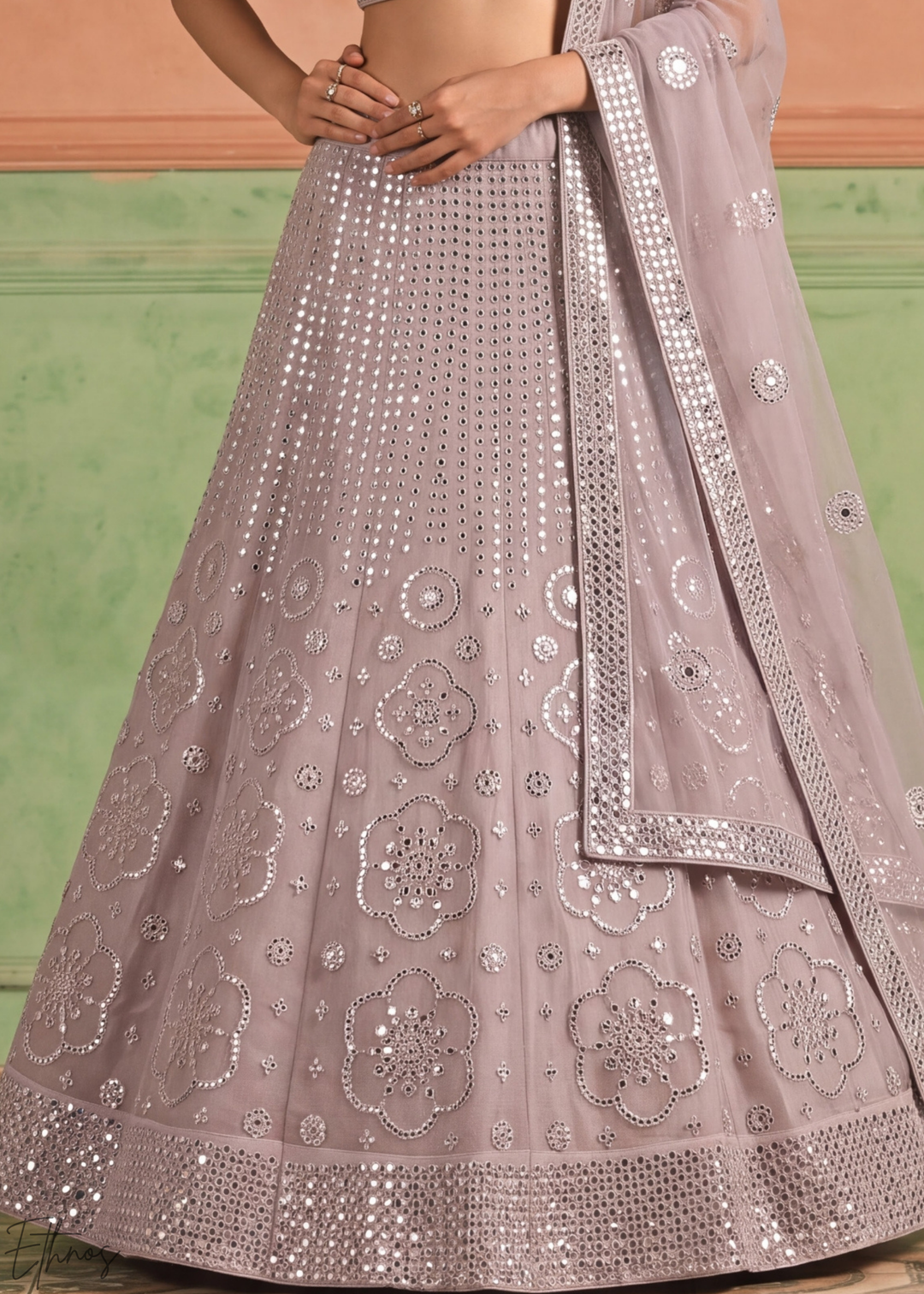 Orchid Petal Quatrefoil Floral Mirror Embellished Organza Lehenga Choli