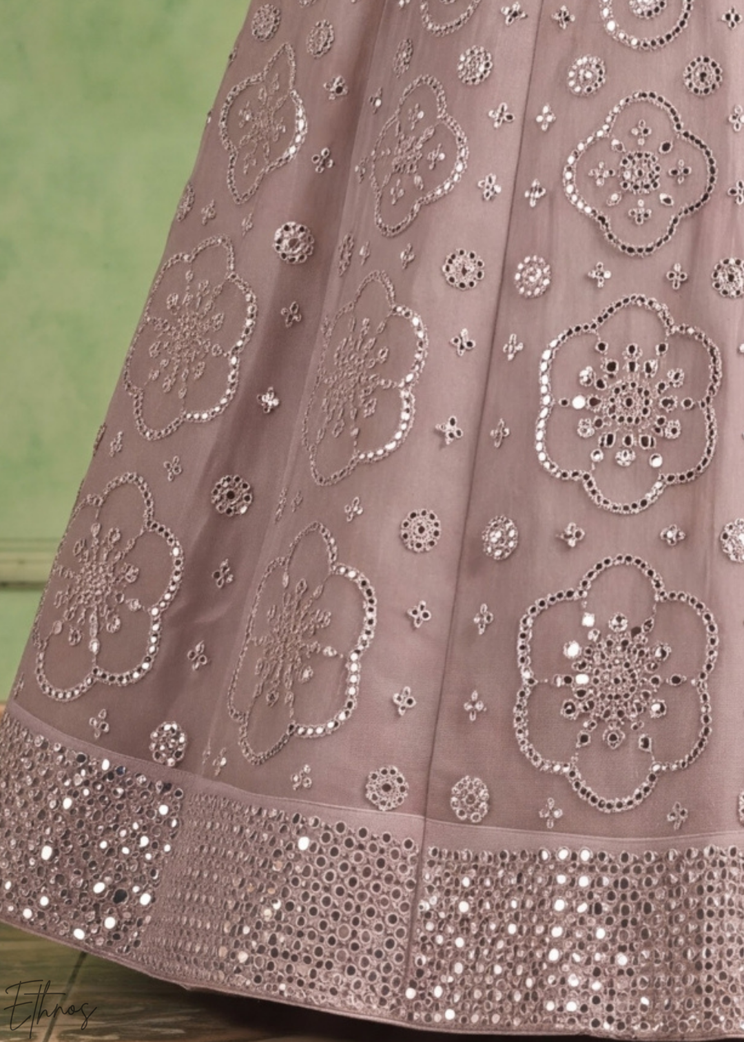 Orchid Petal Quatrefoil Floral Mirror Embellished Organza Lehenga Choli