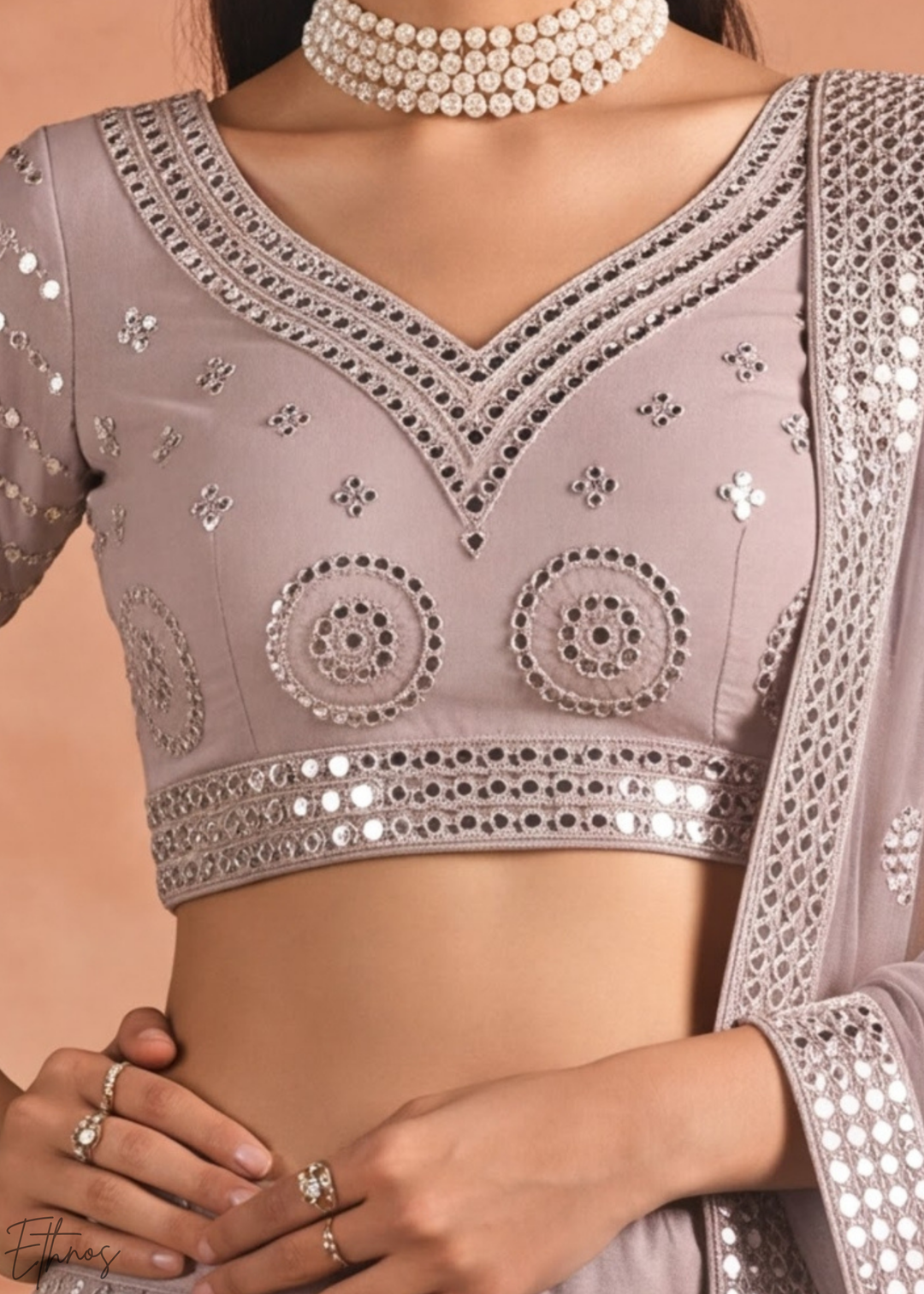 Orchid Petal Quatrefoil Floral Mirror Embellished Organza Lehenga Choli