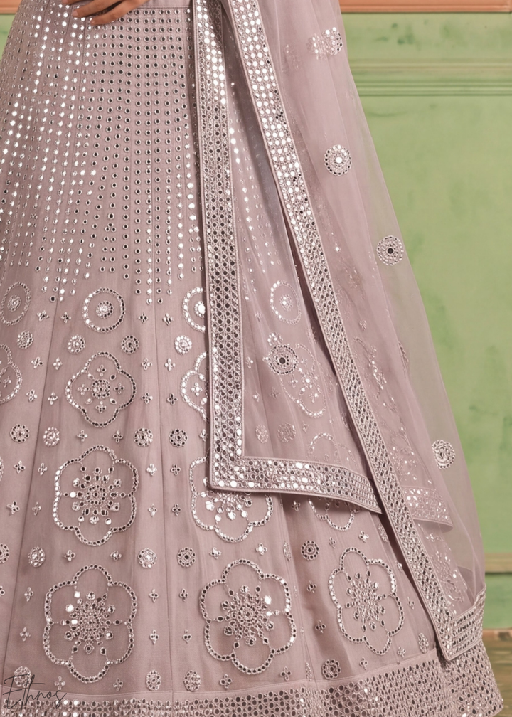 Orchid Petal Quatrefoil Floral Mirror Embellished Organza Lehenga Choli