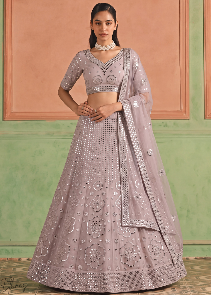 Orchid Petal Quatrefoil Floral Mirror Embellished Organza Lehenga Choli