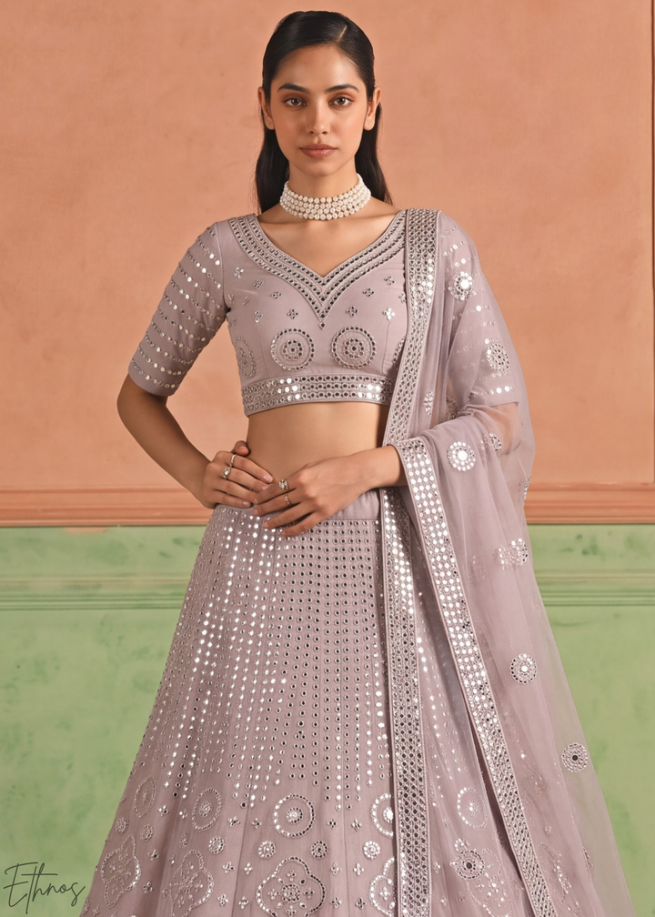 Orchid Petal Quatrefoil Floral Mirror Embellished Organza Lehenga Choli