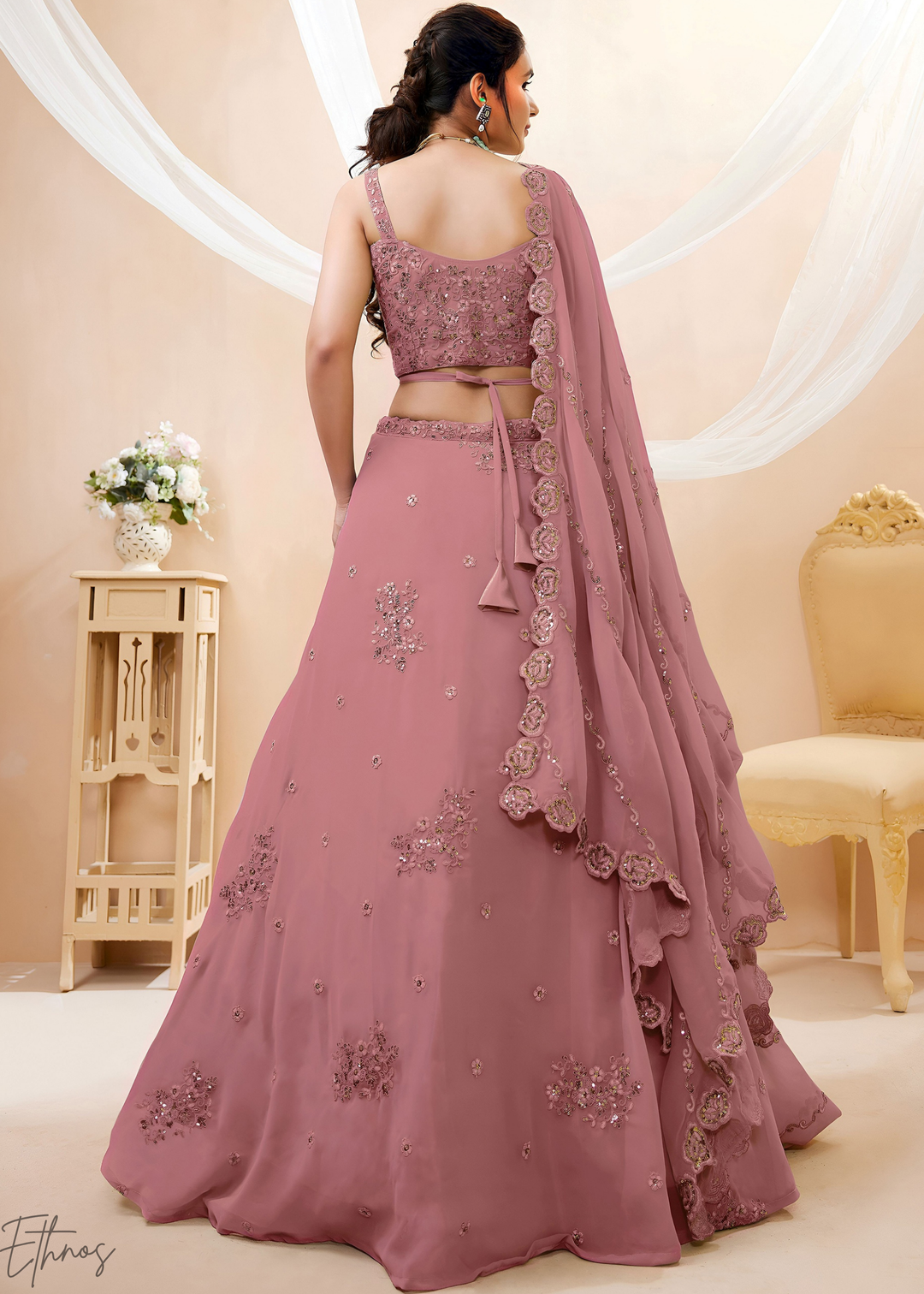 Orchid Petal Raised Rosette Georgette Lehenga Choli
