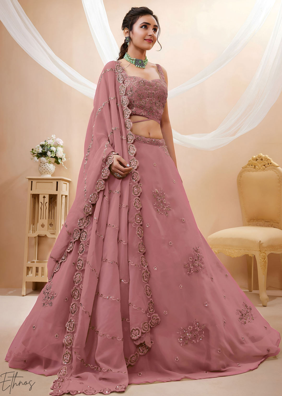 Orchid Petal Raised Rosette Georgette Lehenga Choli