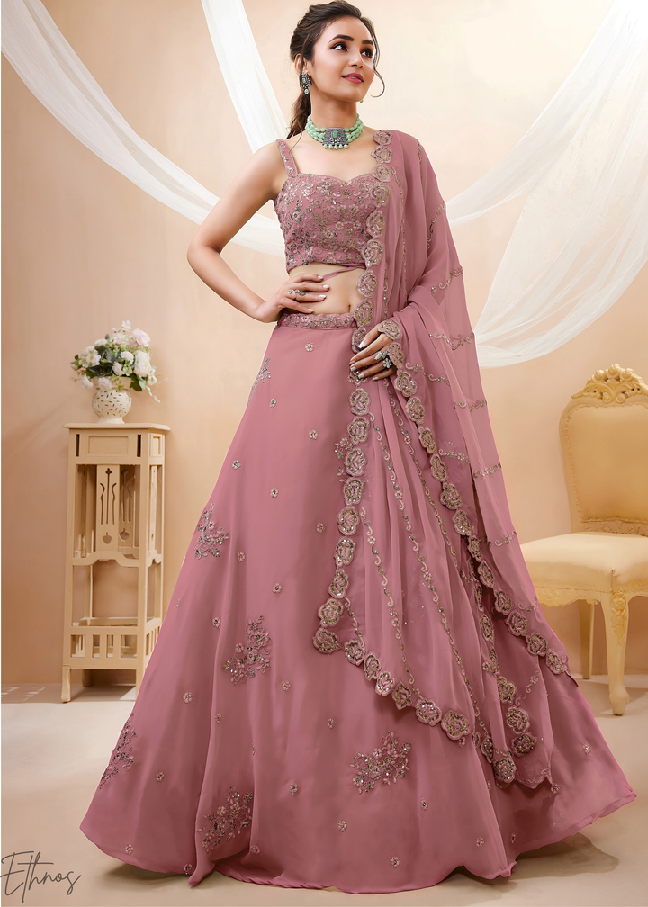 Orchid Petal Raised Rosette Georgette Lehenga Choli