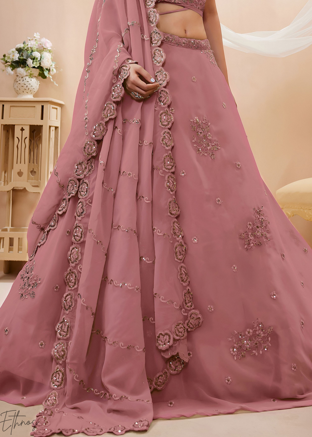 Orchid Petal Raised Rosette Georgette Lehenga Choli