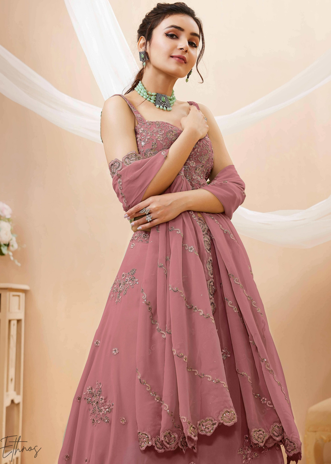 Orchid Petal Raised Rosette Georgette Lehenga Choli
