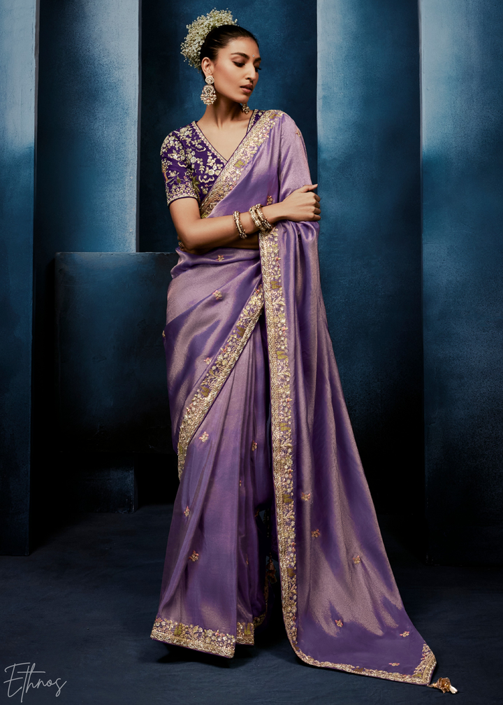 Orchid Petal Tambour Embroidered Border Tissue Saree