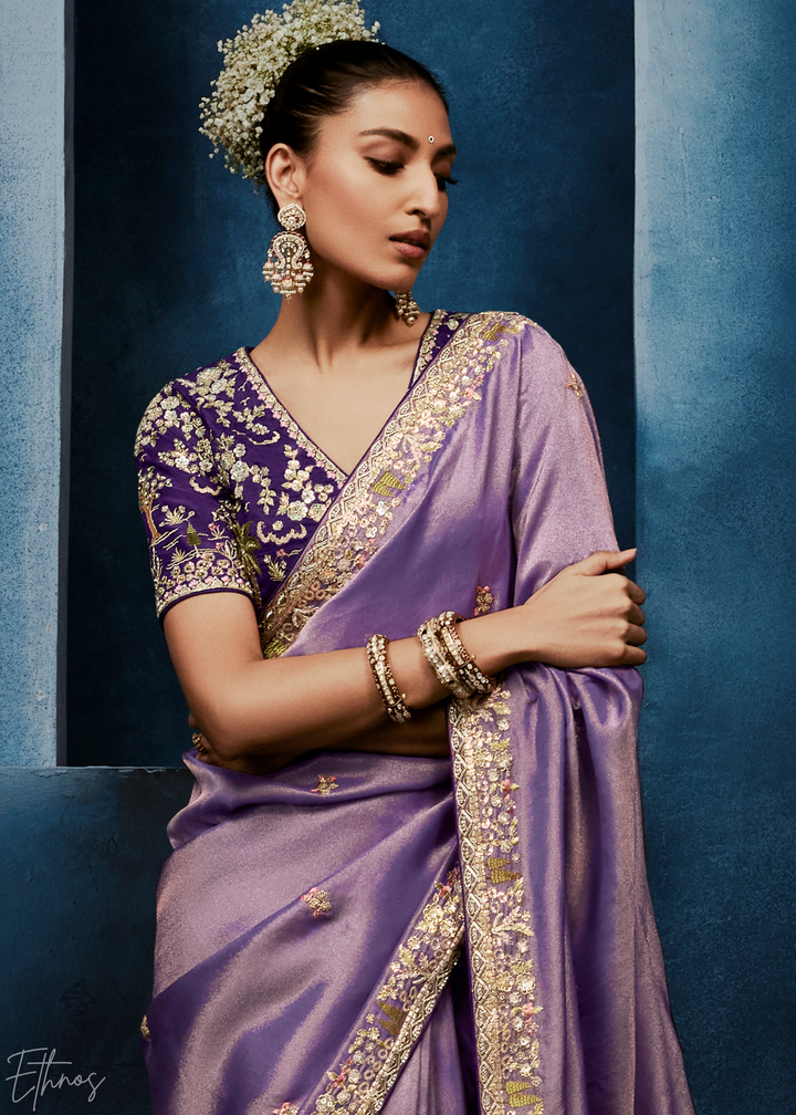 Orchid Petal Tambour Embroidered Border Tissue Saree