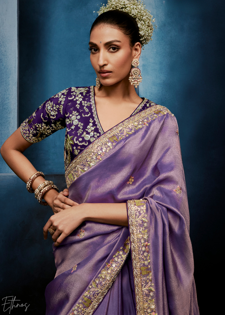Orchid Petal Tambour Embroidered Border Tissue Saree