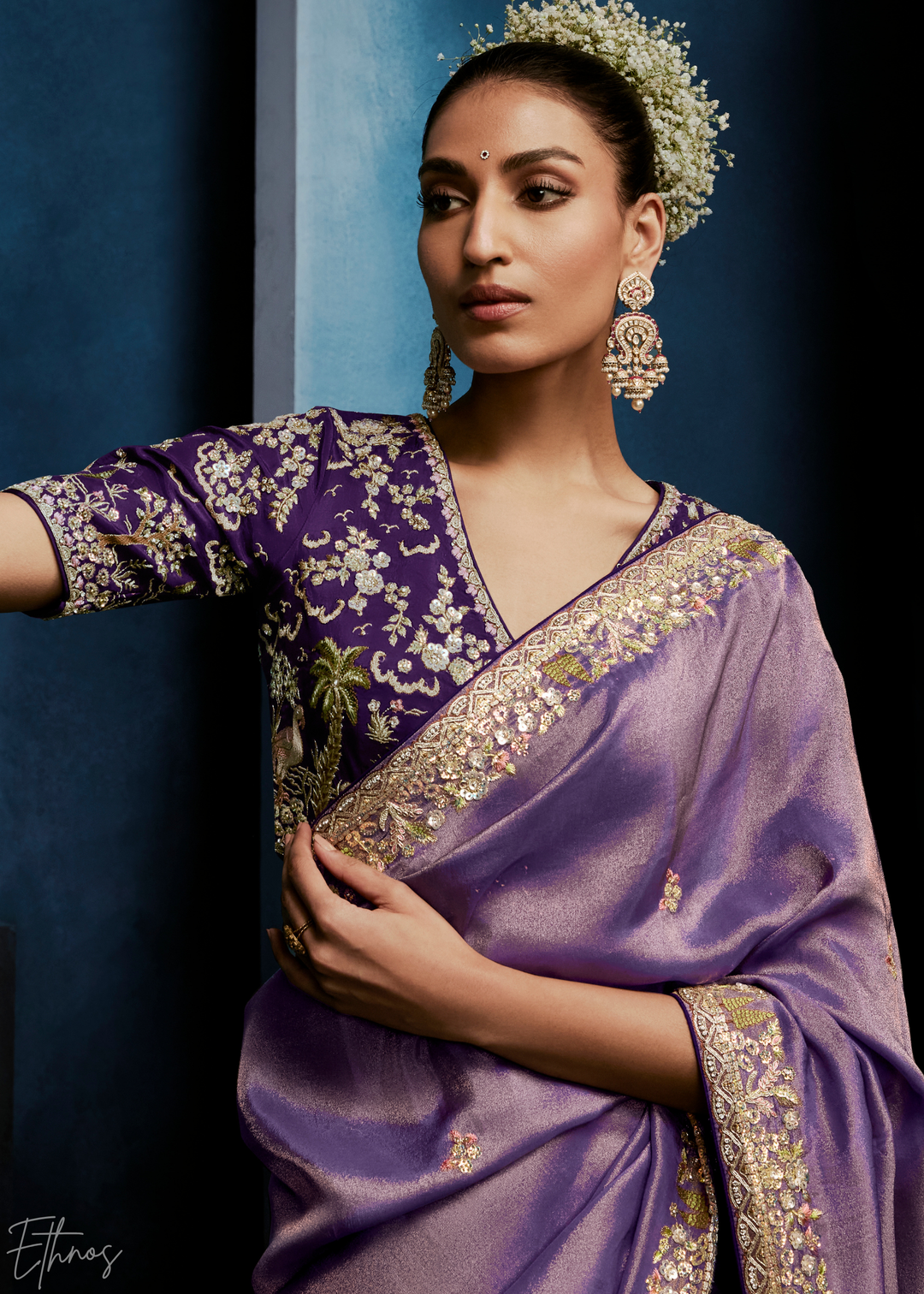 Orchid Petal Tambour Embroidered Border Tissue Saree