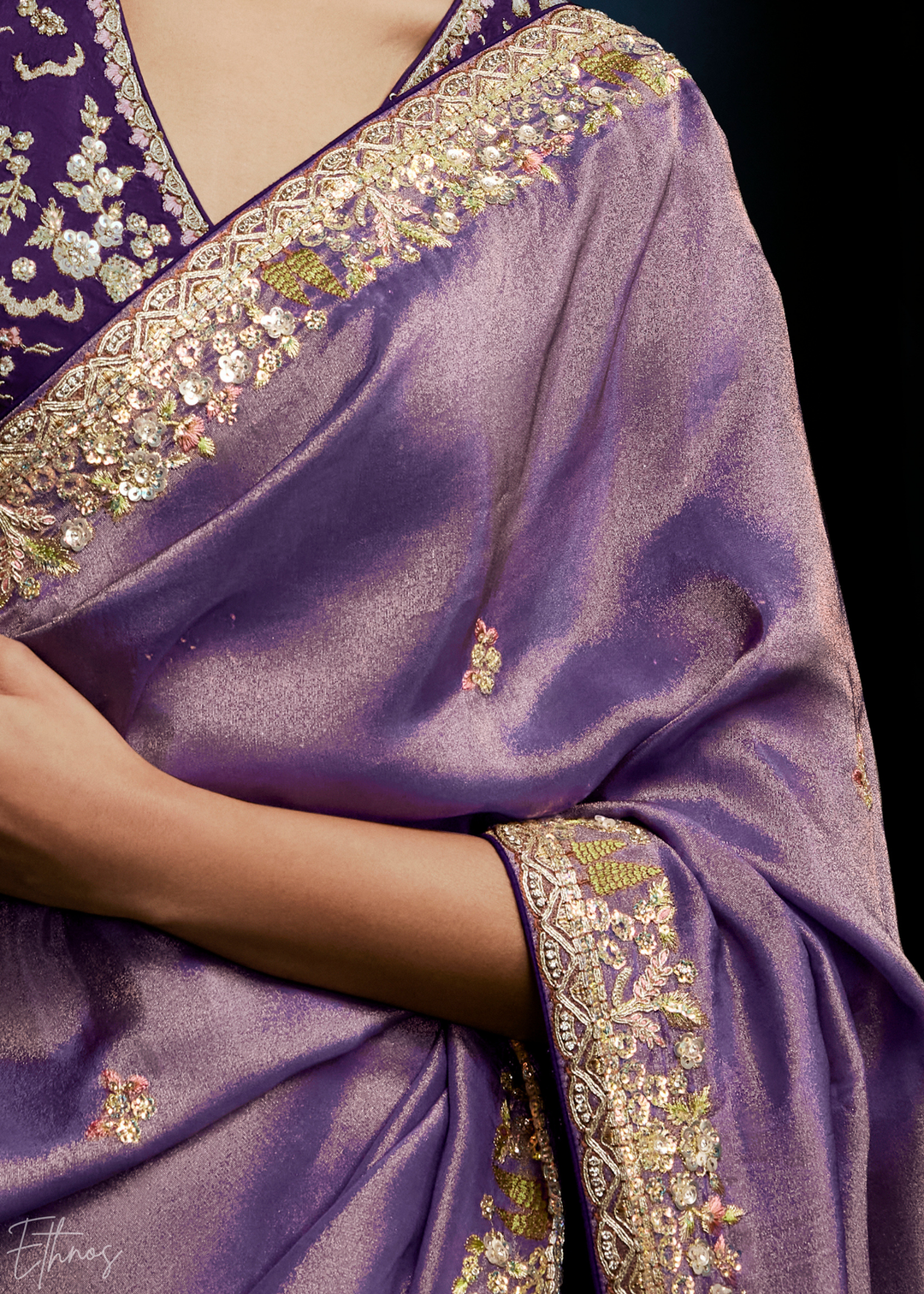 Orchid Petal Tambour Embroidered Border Tissue Saree