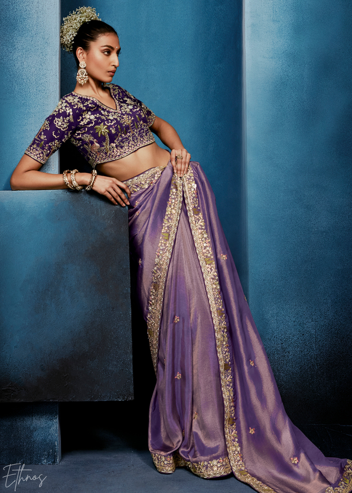 Orchid Petal Tambour Embroidered Border Tissue Saree