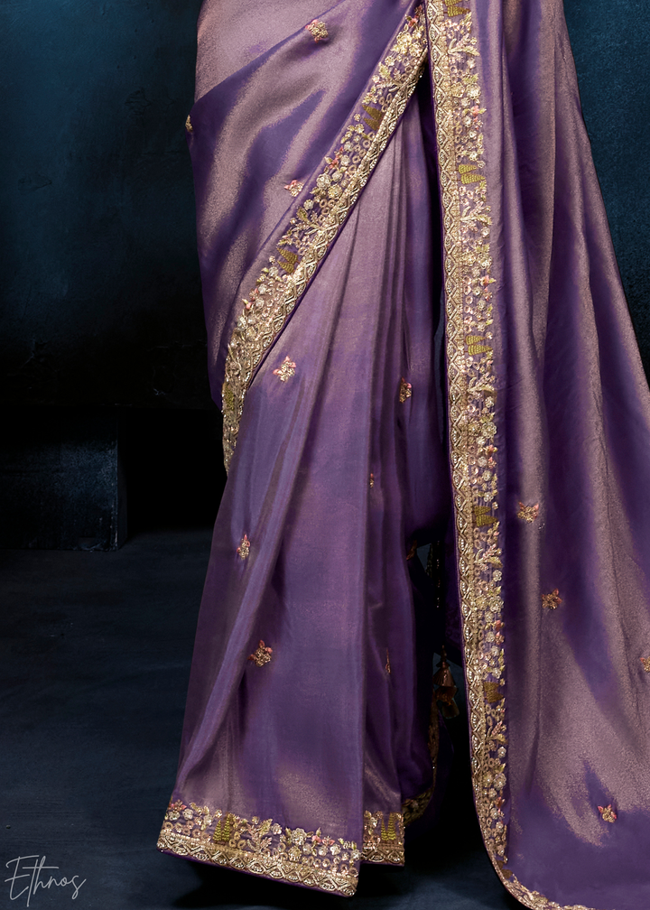 Orchid Petal Tambour Embroidered Border Tissue Saree