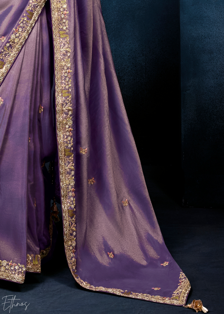 Orchid Petal Tambour Embroidered Border Tissue Saree