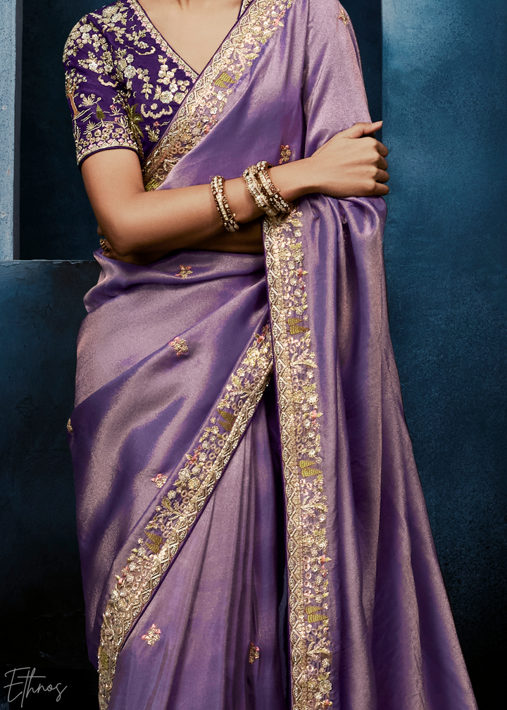Orchid Petal Tambour Embroidered Border Tissue Saree