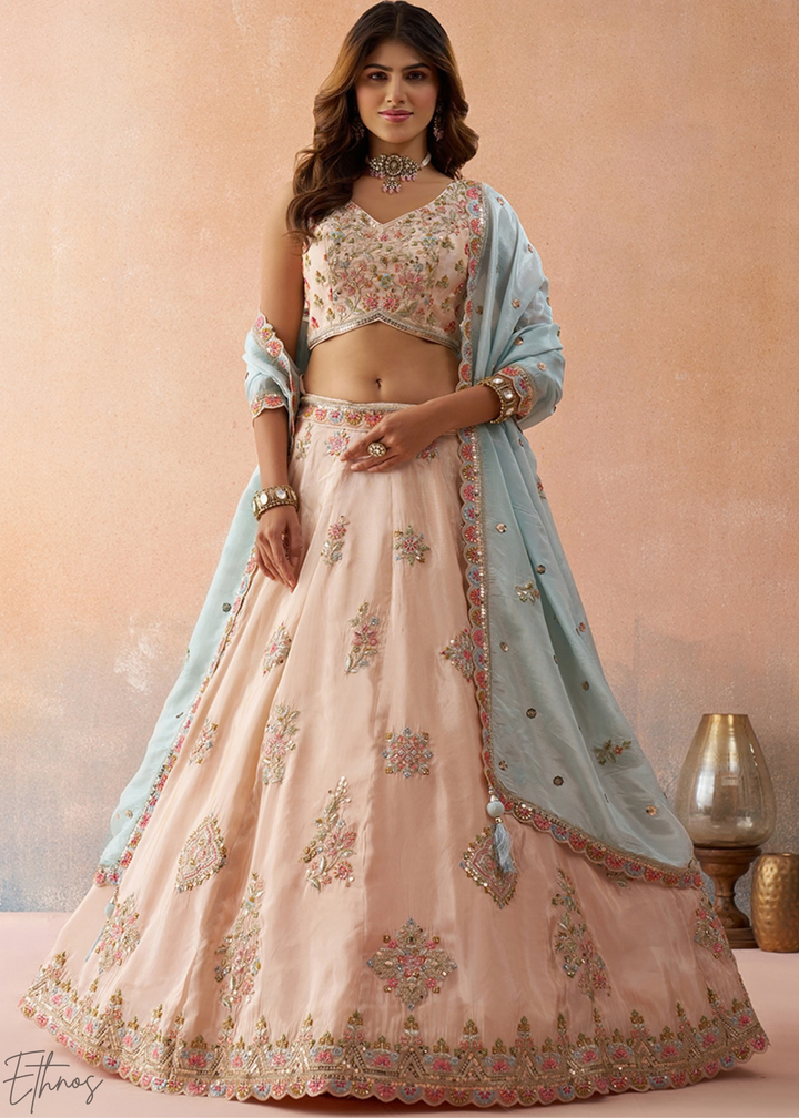 Orchid Pink Artisan Flora Medallion Tissue Lehenga