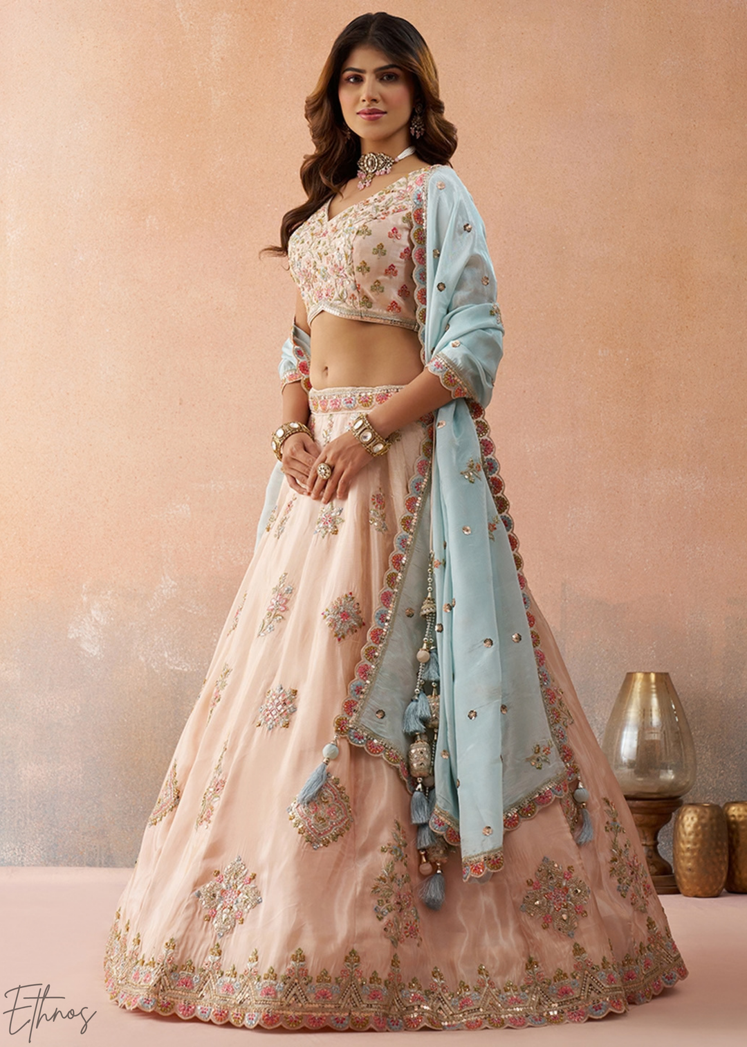 Orchid Pink Artisan Flora Medallion Tissue Lehenga
