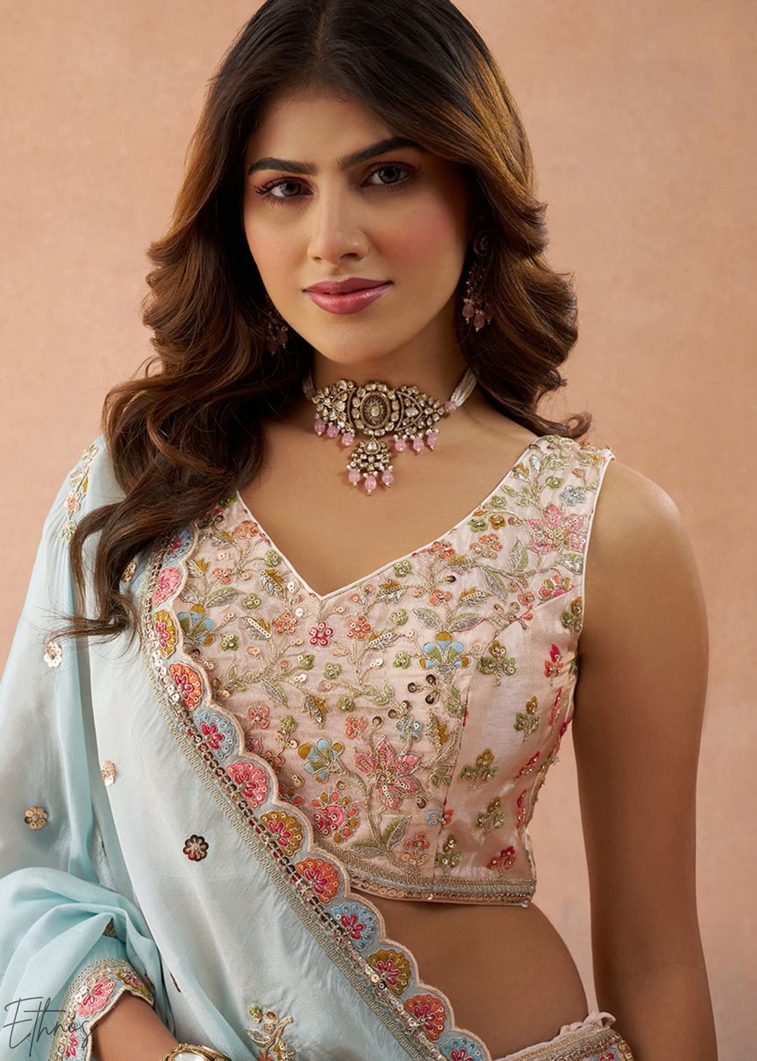 Orchid Pink Artisan Flora Medallion Tissue Lehenga