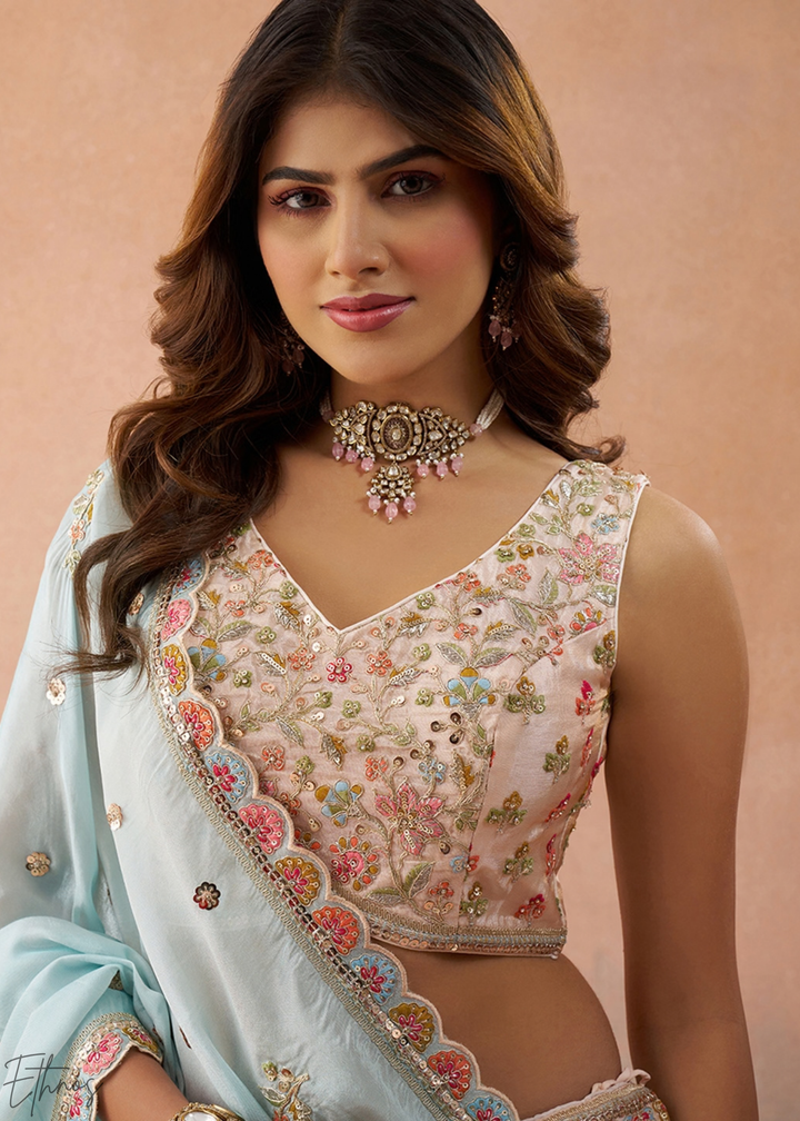 Orchid Pink Artisan Flora Medallion Tissue Lehenga