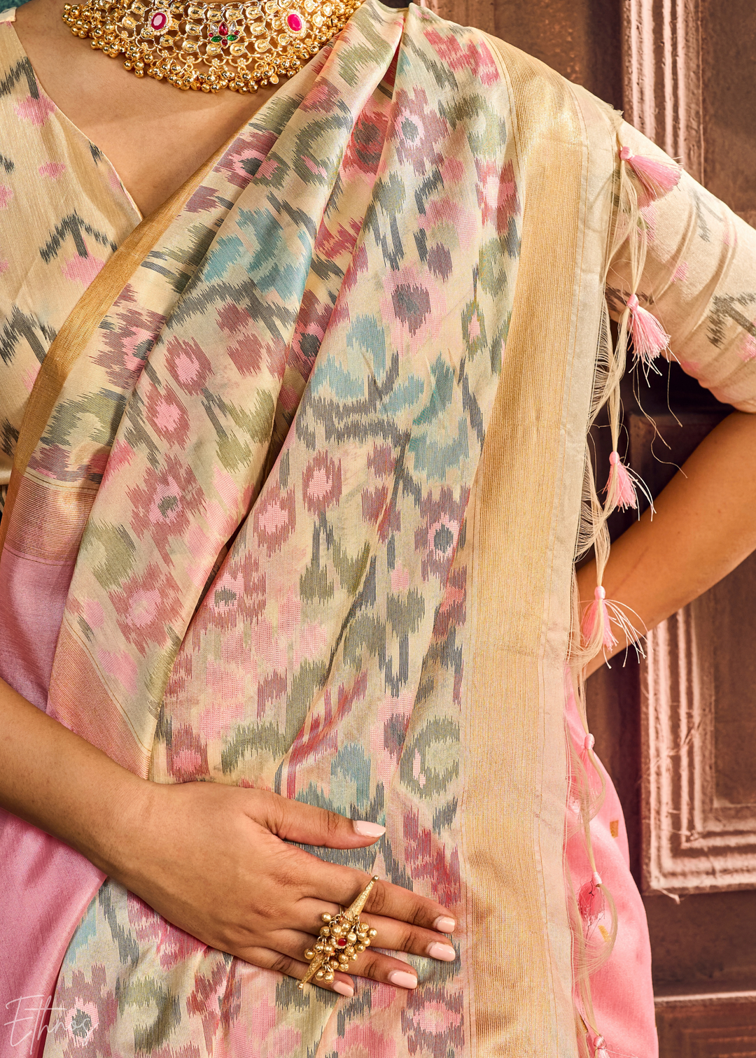 Orchid Pink Artisan Phulkari Weave Silk Saree