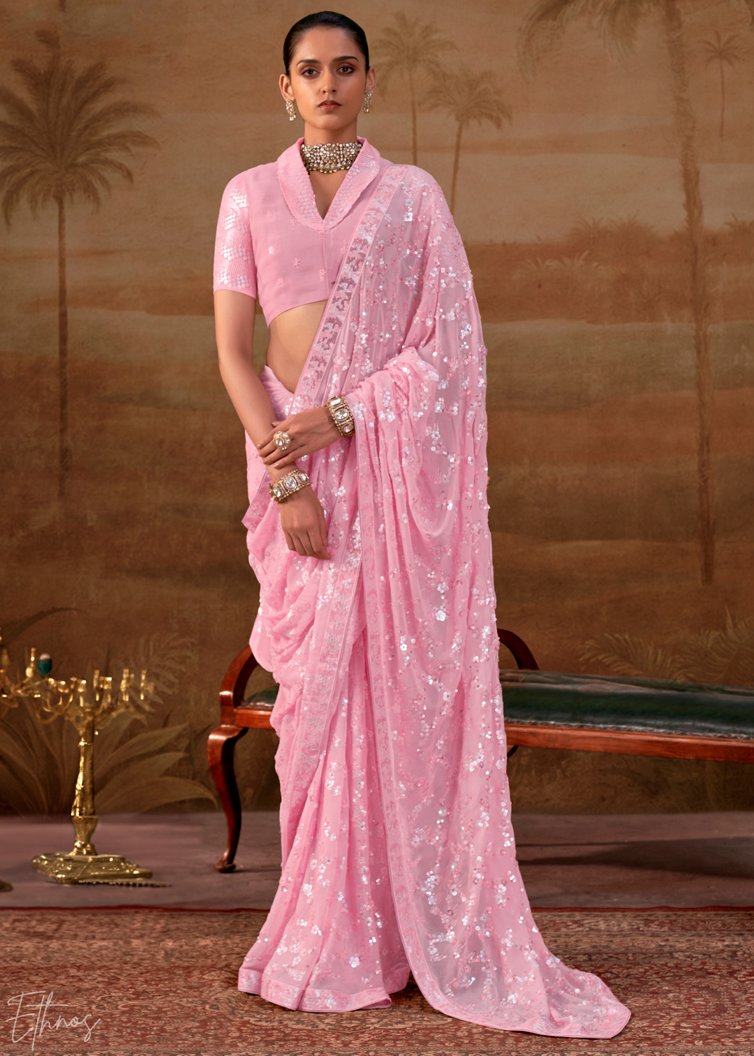 Orchid Pink Iridescent Sequin Blossom Georgette Saree