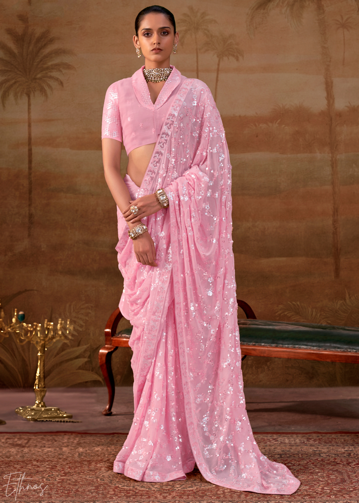 Orchid Pink Iridescent Sequin Blossom Georgette Saree