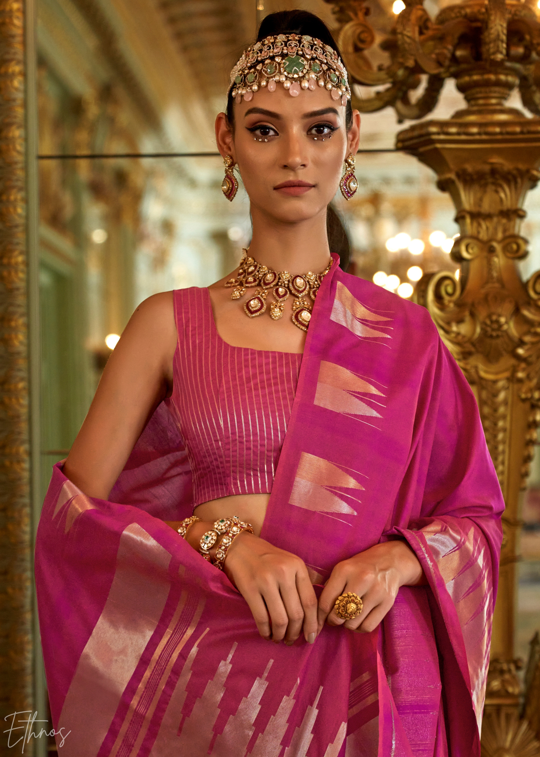 Orchid Pink Metallic Temple Wave Silk Saree