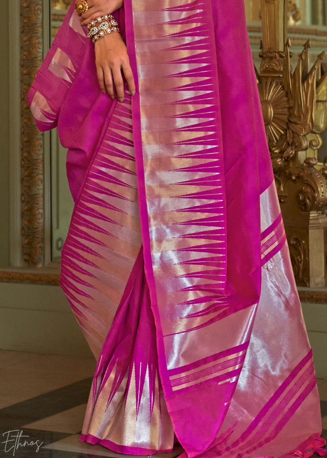 Orchid Pink Metallic Temple Wave Silk Saree