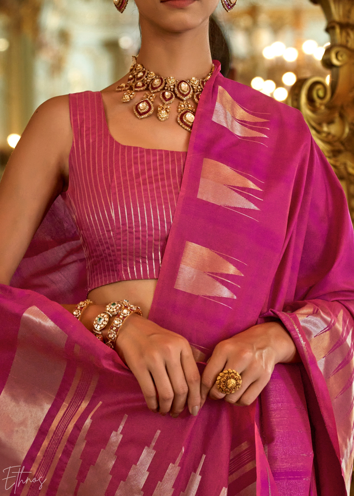 Orchid Pink Metallic Temple Wave Silk Saree