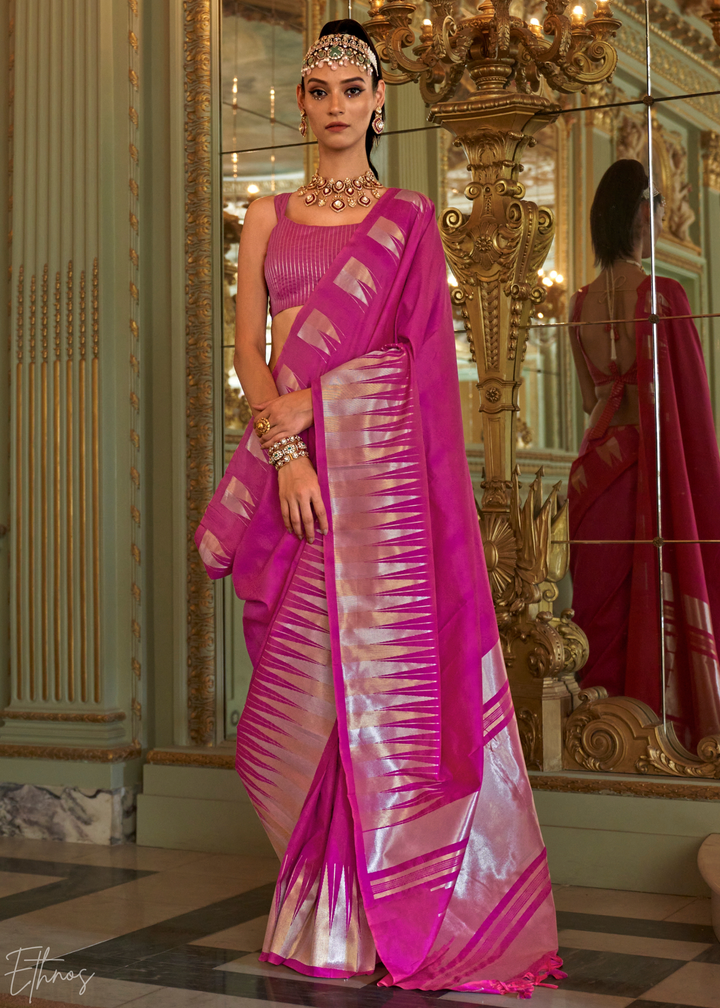 Orchid Pink Metallic Temple Wave Silk Saree