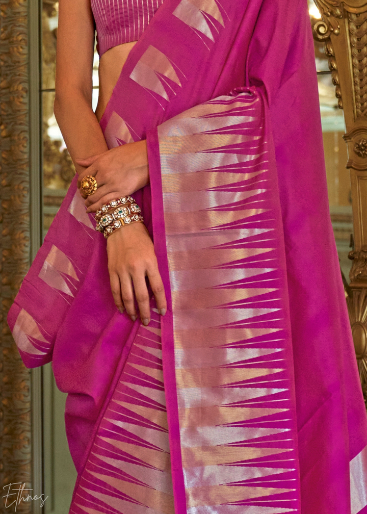 Orchid Pink Metallic Temple Wave Silk Saree