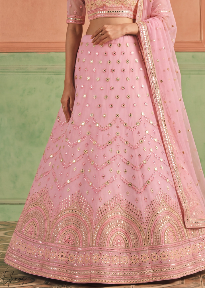 Orchid Pink Scalloped Medallion Mirror Embellished Organza Lehenga Choli