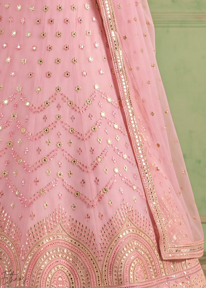Orchid Pink Scalloped Medallion Mirror Embellished Organza Lehenga Choli